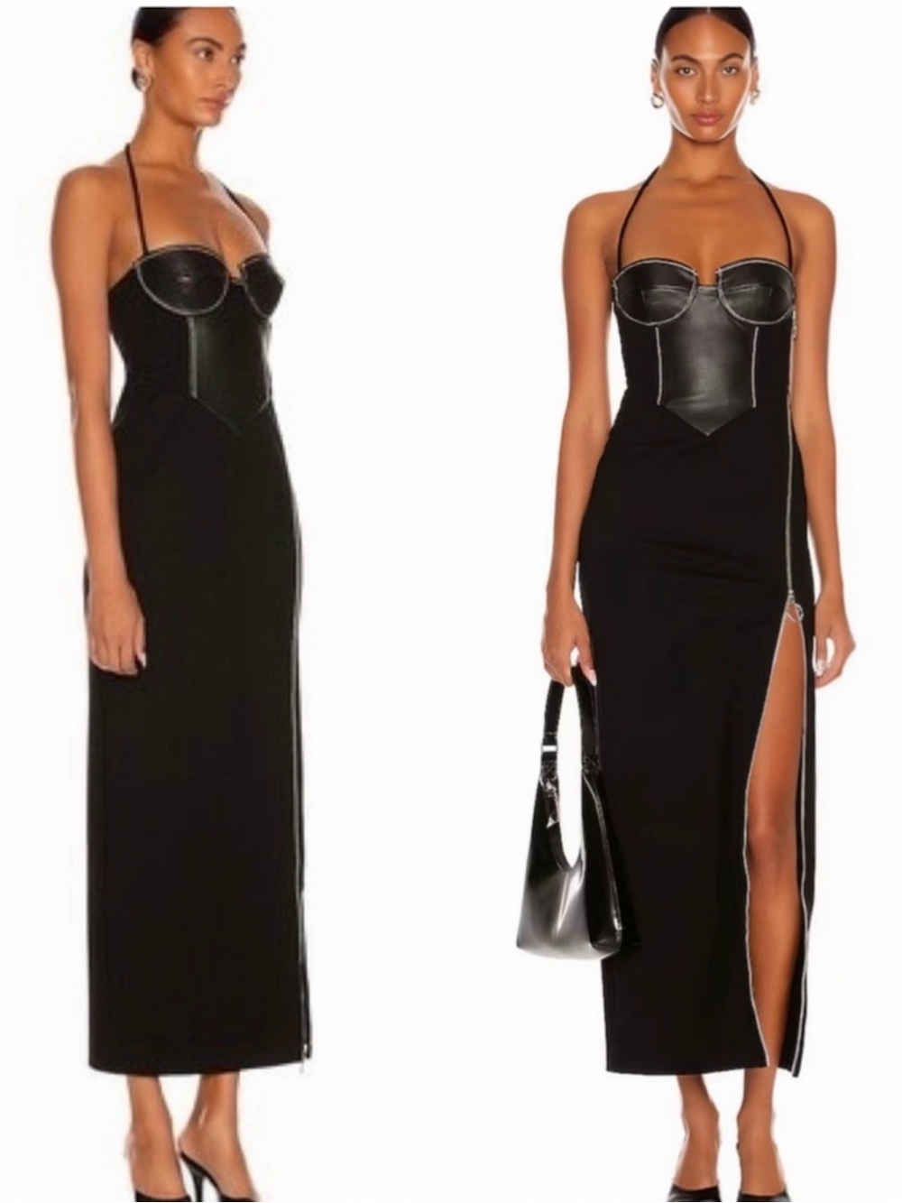 STAUD Hindley Faux Leather Corset Halter Neck Exposed Zipper Black Midi Dress
